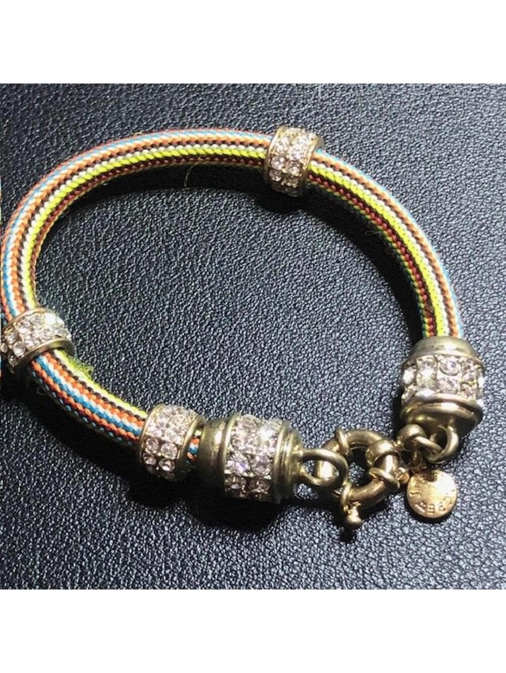 B3808 J. Crew Cord Rope Bracelet Rhinestone Goldtone slider Charm Toggle 7.25"